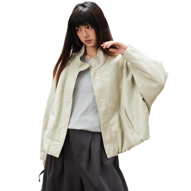 Womens Short PU Leather Jacket 2026 Casual Moto Style Stand Collar Workwear Chic Outerwear