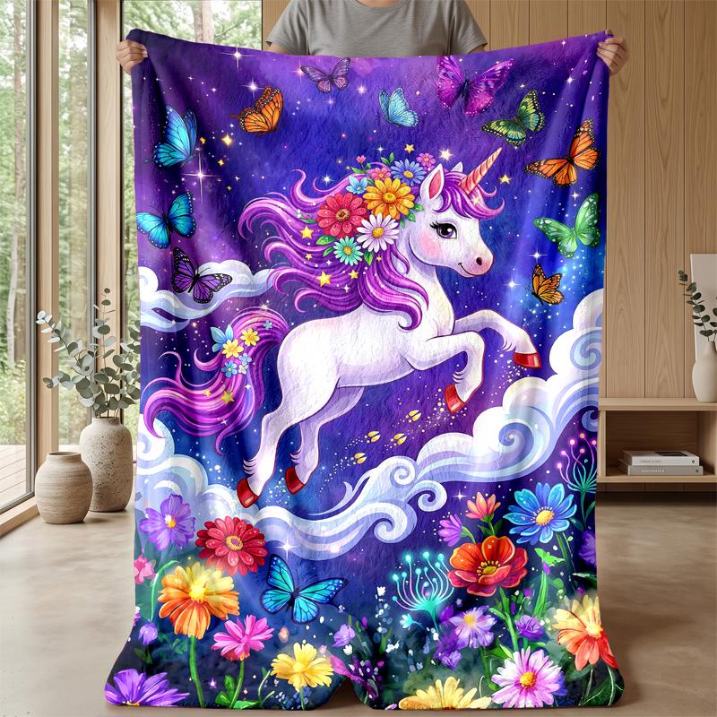 Fantasy Unicorn with Flowers Theme Blanket Lightweight Warm Flannel Blanket Decorative Throw Blanket for Home Decoration
