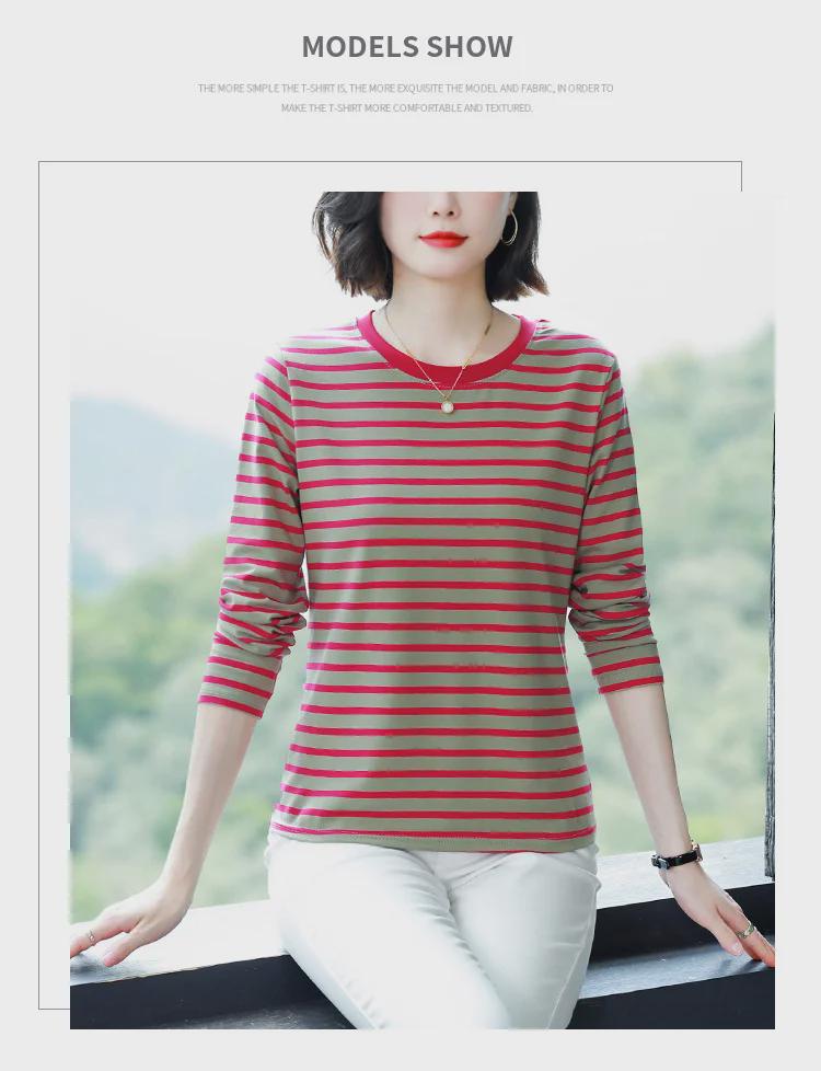 Plus Size Loose-Fit Cotton Striped Long-Sleeve T-Shirt for Middle-Aged & Elderly Women