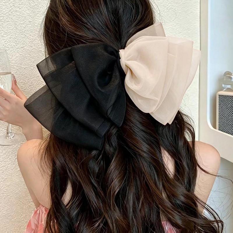 Large Bow Hair Clip Women Claw Back Of Head Accessory Net Fabric Handmade Korean Style