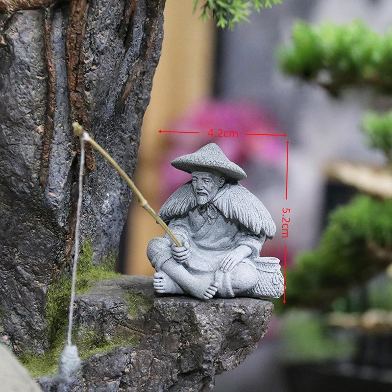 1 Stück Aquarium Mini Fischer Statue Asiatisch Zen Heimdekoration Aquarium Garten Sitzen Angeln Sandstein Vintage Ornament