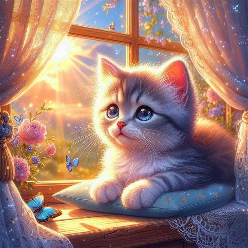 DIY Diamond Painting Cute Kitten Cross Stitch Kit Mosaic Art Diamond Painting Full Circle Diamond Home Decoration