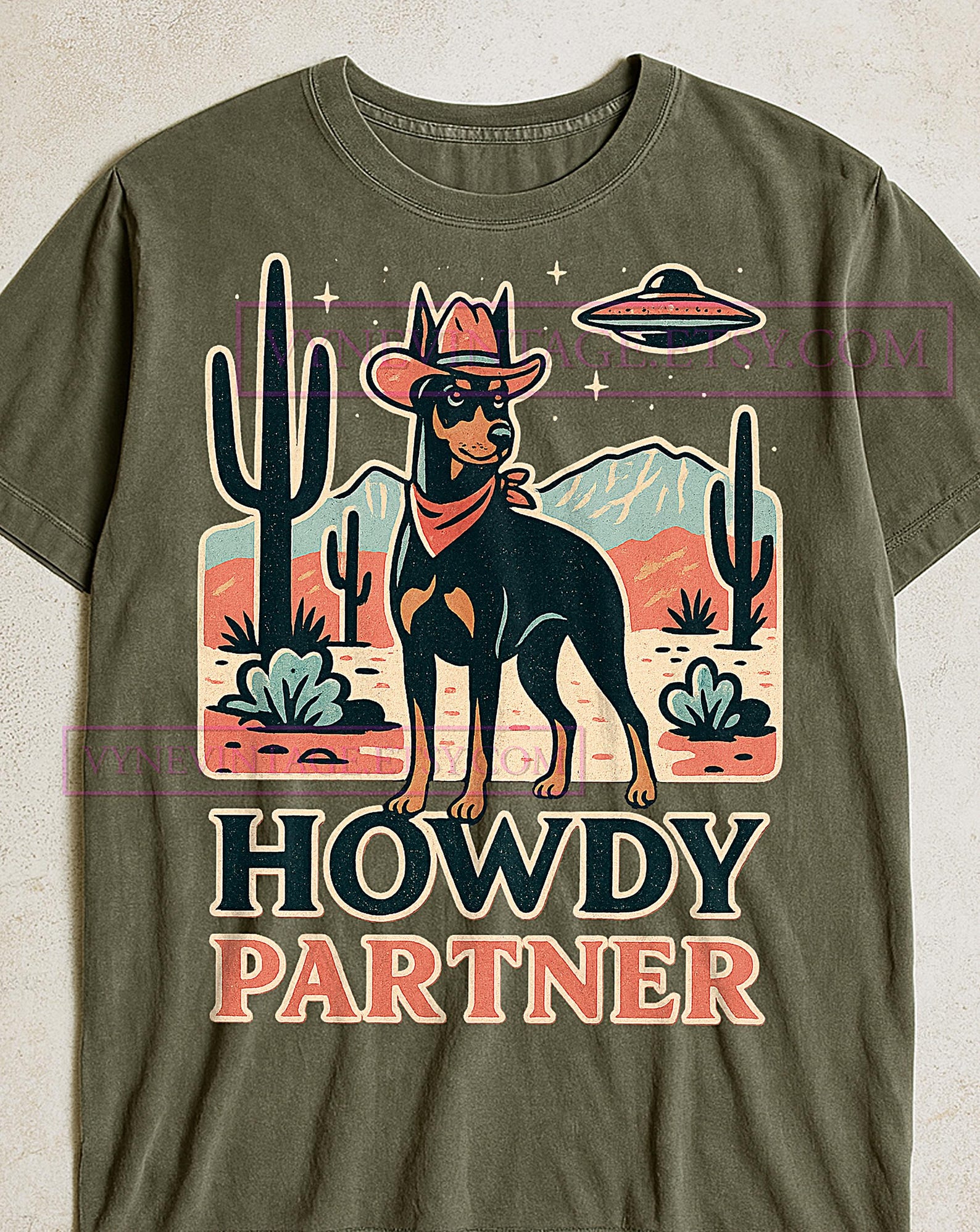 Howdy Partner Cowboy T-Shirt, Retro Desert Ufo Dog PNG, Western Graphic Tee, Humorous Dog Lover Shirt M