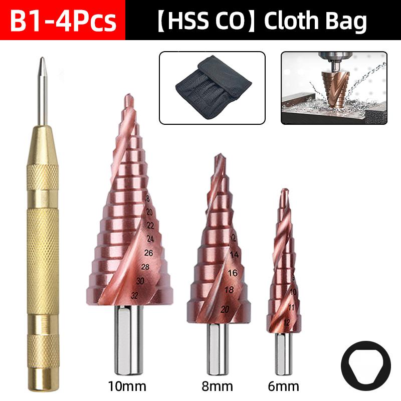 HSS-CO Cobalt Step Drill Bit For Stainless Steel Metal Wood Hole Cutter Spiral Groove Triangle Hex Shank Drilling Tools