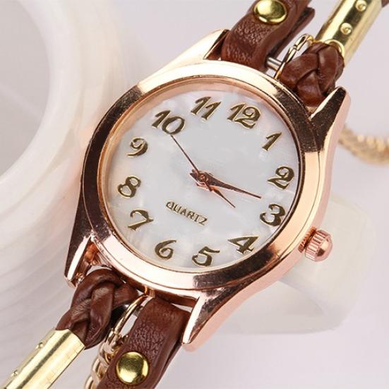 Kobiety w stylu vintage wielowarstwowa pleciona bransoletka ze stopu sztucznej skóry Wrist Watch Jewelry