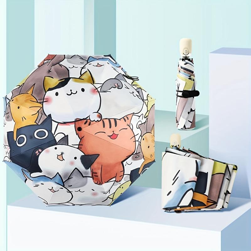 1PC foldable portable travel umbrella with comfortable silicone handle, printed with anime cat pattern, suitable for rainy and sunny days.