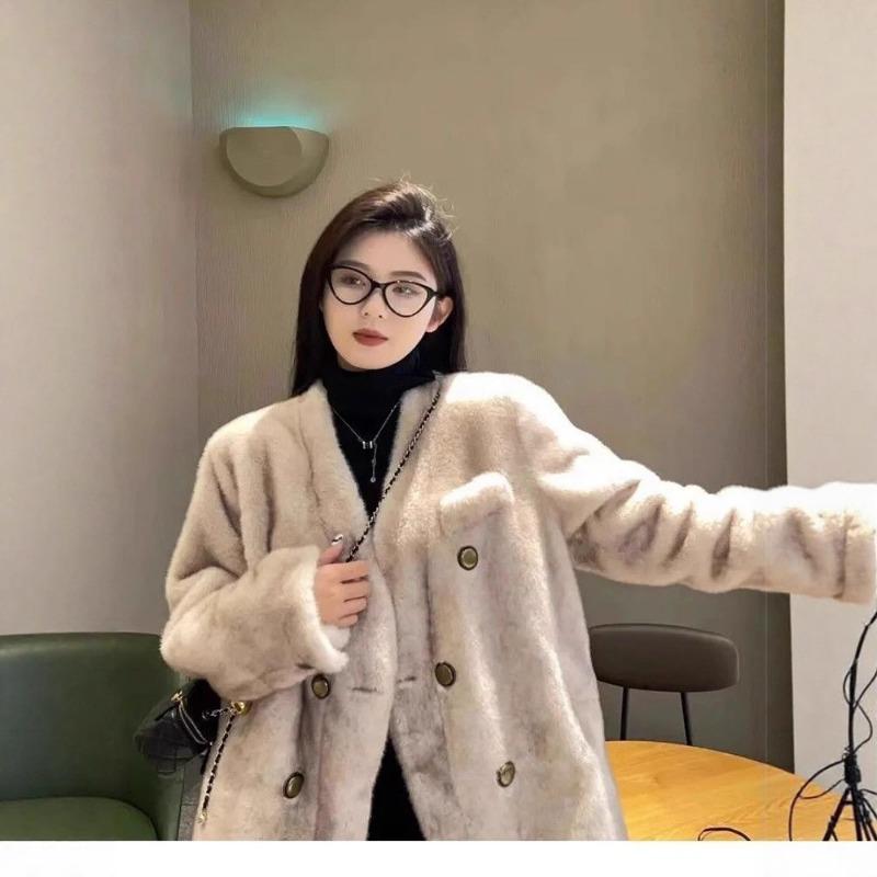 Cozy Faux Fur Coat for Women V Neck Double Breasted Casual Winter Outerwear