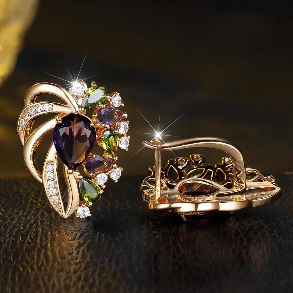Light luxury retro butterfly ring with colorful gemstones Gold ring with amethyst and cubic zirconia Women's banquet personalized earrings