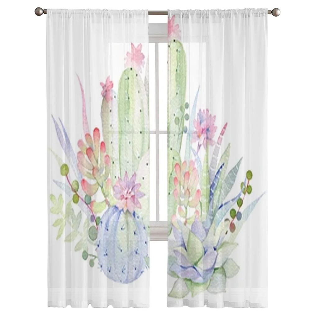 Succulents Painted Watercolor Sheer Curtains Bedroom Voile Curtain Living Room Window Sheer Curtains Kitchen Tulle Drapes