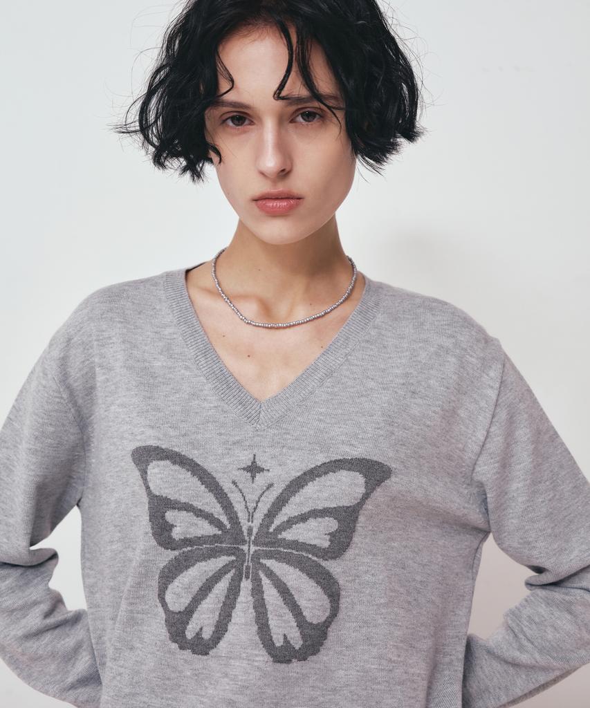 Nigaennikol Butterfly V Neck Jacquard Knit_Gray