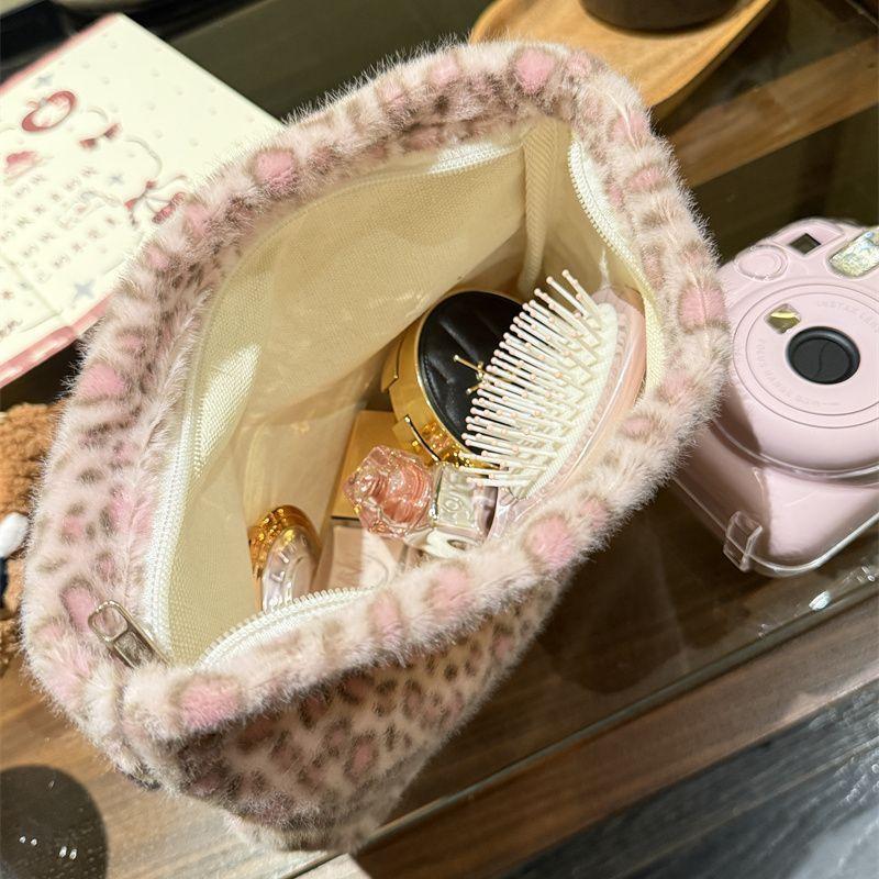 Herbst Winter Leopardenmuster Kosmetiktasche Rosa Plüsch Organizer Große Kapazität Kosmetik Toilettenartikel Tasche Handtasche Clutch für Damen