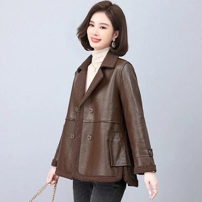 Leather Women's Plus Velvet Autumn and Winter Fur One Haining Plus Velvet Thickened Two-sided Loose Leather Jacket Western Style Jacket
