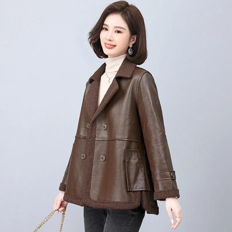 

Кожаная женская плюс бархат Осень и зима Мех Один Хайнинг Плюс бархат Утолщенная Двусторонняя Свободная Кожаная Куртка Куртка в западном стиле XXL хаки