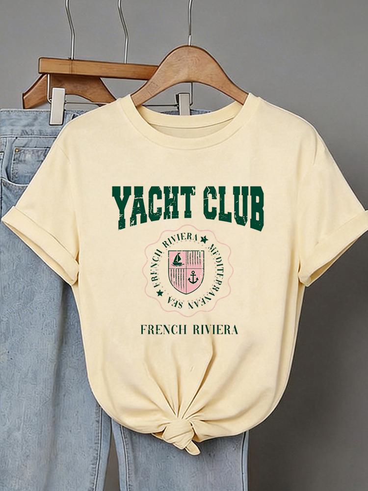 Trendy Style Print Crew Neck Short Sleeve Tee Top Unisexs Y2k T Shirt With Yacht Club Design Print Casual Clothes Outfit Tshirt
