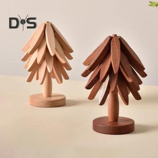 Wooden Trivets for Hot Dishes Tree Shape Trivet Set Special Texture Coaster Hot Pot Holder 4 Triangular Mats + 1 Stand Multifunctional Kitchen Table