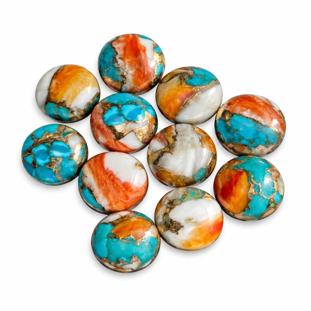 Spiny Oyster Turquoise Cabochon Round Flat Back Gemstone, Natural Orange Blue Turquoise Loose Stone for Jewelry Making