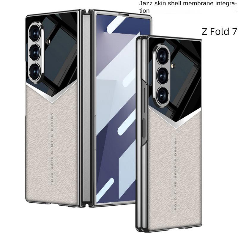 For Samsung Galaxy Z Fold 7 Fold7 Lens Protect Cover Jazz Plain Leather Electroplating Color Block Glass Protective Film Case