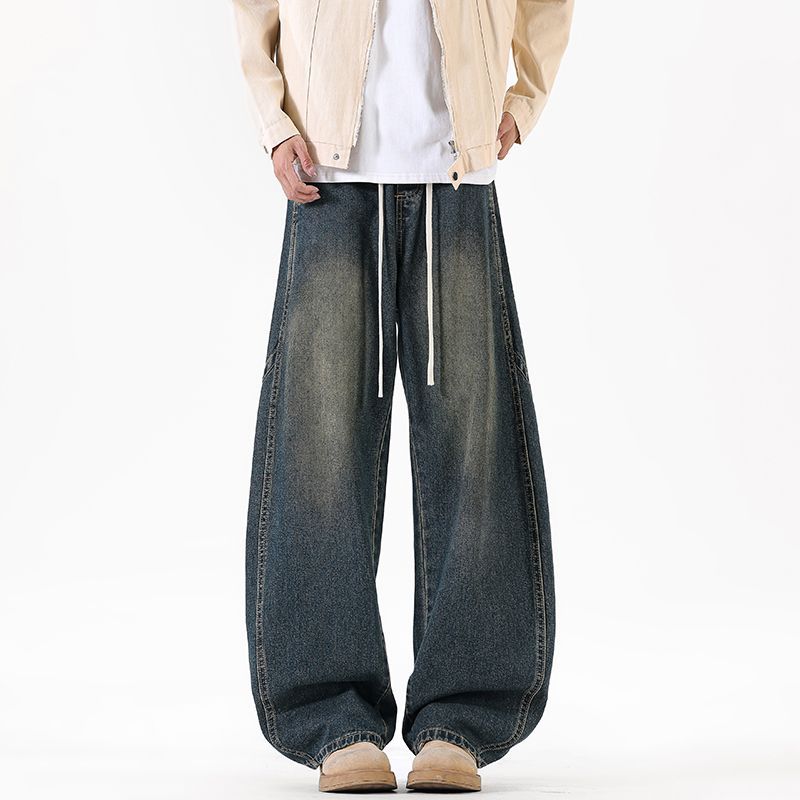 American retro trendy brand washed scimitar jeans men's trend loose wide legs drape elastic waist long pants men