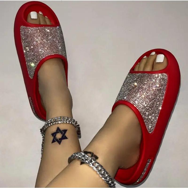 Fashion 2025 Women's New Women's Shoes with Diamond Face, Thin Flash Thick Bottom Slippers Sandals Outdoor Beach Slippers 36-45