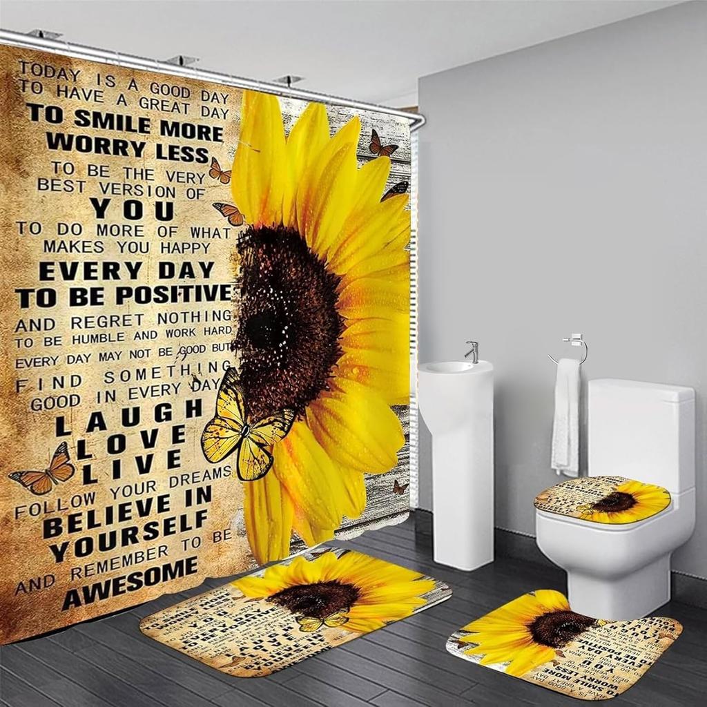 4Pcs Shower Curtain Set with Non-Slip Bath Mat, Toilet Lid Cover, Contour Rug & 12 Hooks, Bathroom