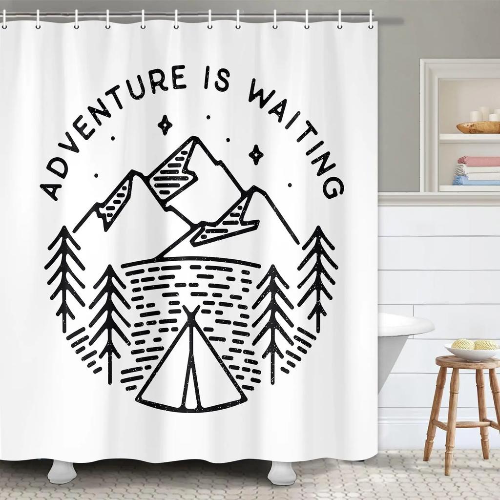 Beach Surf Camper RV Shower Curtain Tropical Palm Tree Travel Camping Car Summer Ocean Surfboard Bathroom Decoration with Hooks