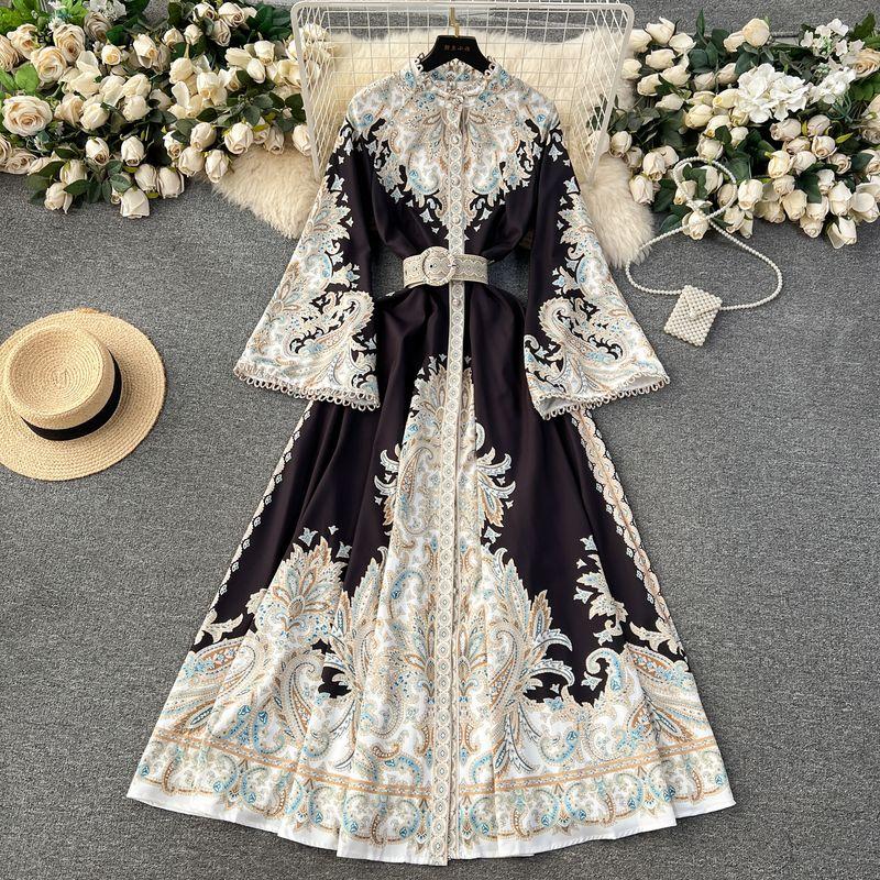 

Elegance Retro Stand Collar Horn Long Sleeve Big Hem Dress Black 2XL