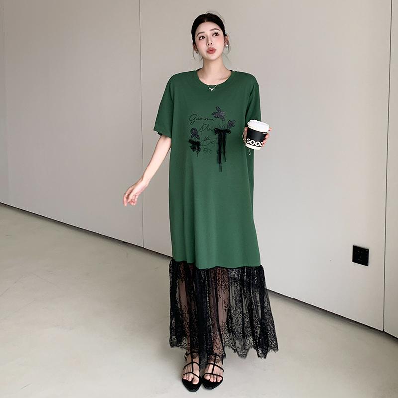 

DIMANAF Summer Women Plus Size Short Sleeves Elegant Dress Loose 2025 Dress Basic Long Casual Shirt Dress 3XL зелёный