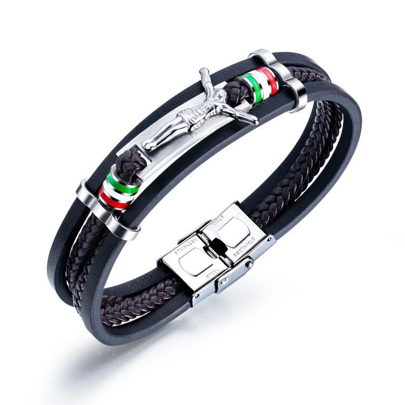 Braided Stainless Steel Bracelet With Trendy Stylish Personality Multi-layered Leather Splicing Magnetic Buckle Adjustment