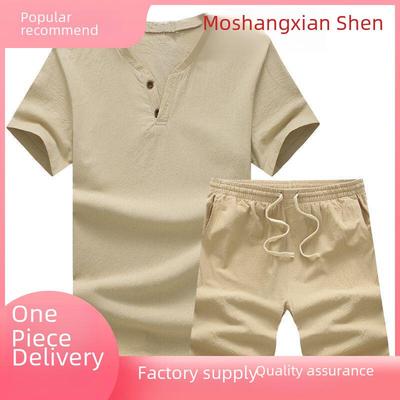 Summer Men's Casual Two-Piece Set: Japanese Style Short-Sleeved T-Shirt & Cotton Linen Shorts for Middle-Aged & Elderly