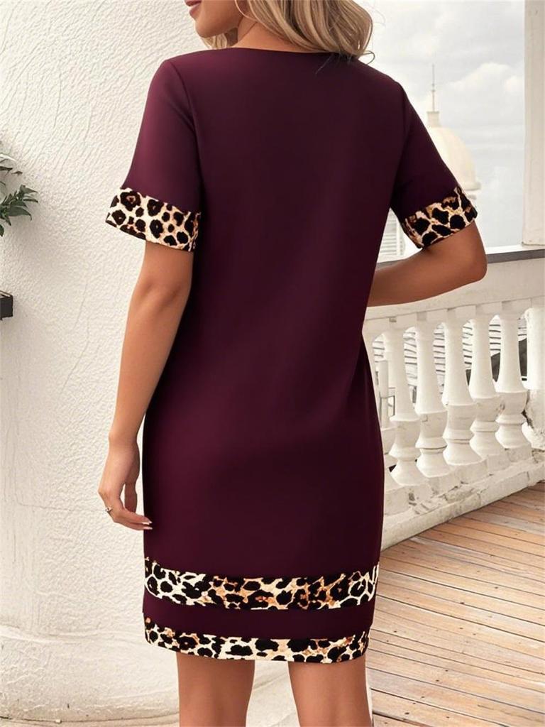 Leopard Print Patchwork Round Neck T-shirt Dress for Women, Summer 2025