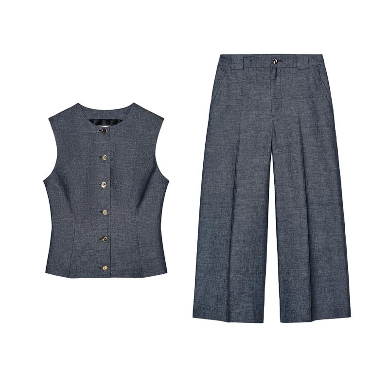 Spring and Summer New Linen Blend Pleated Vest 2746785 High Waist Wide Leg Casual Trousers 2834785