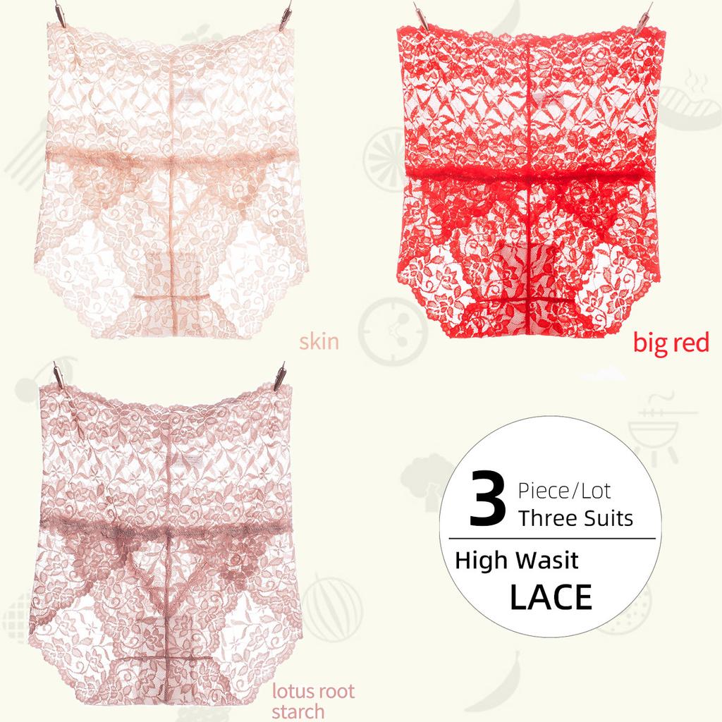 3Pieces/Lot High Waist Light Sexy Elastic Lace Women's Panties, Pure Cotton Crotch Comfortable Non-marking Breathable Lightweight Underwear Briefs