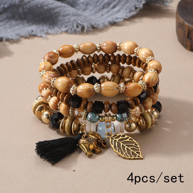 4pcs/set Boho Wooden Beaded Bracelet For Women Leaf Tassels Chain Bangle Bohemia Jewelry Accessory