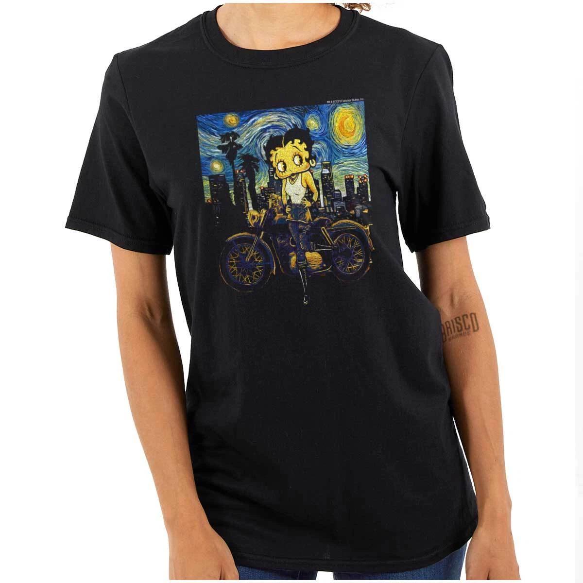 Betty Boop Retro Cartoon Starry Night Biker Womens Graphic Crewneck T Shirt Tee M