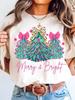 Women's Christmas Tree Print T-Shirt (with Bow and Lights) Pink Holiday Short-Sleeve T-Shirt Casual