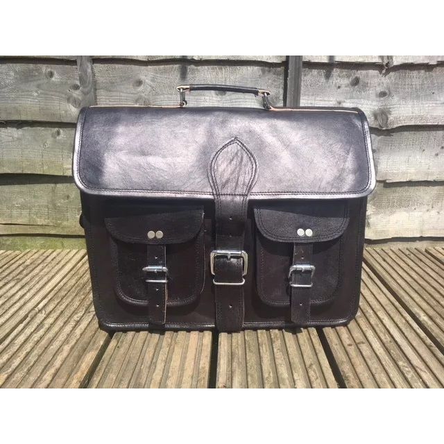 

Винтажная сумка-мессенджер из козьей кожи, настоящая сумка-сэтчел, настоящий черный портфель для ноутбука 11 x 15 x 4 in чёрный