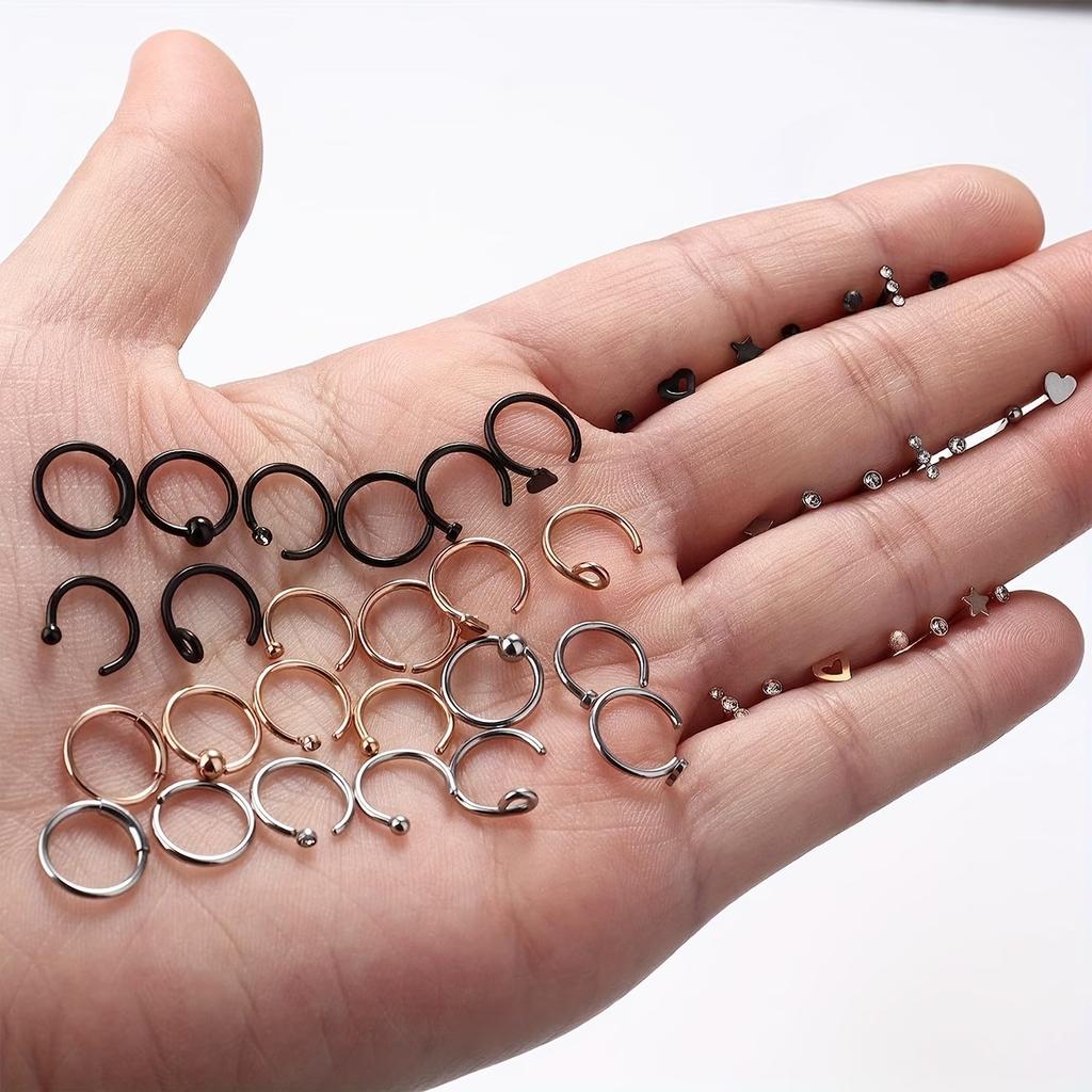 Stainless Steel Women's Stylish & Fashionable Nose Studs & Nose Rings Set, Heart-shaped Zircon Body Jewelry, Sexy Set for Dating