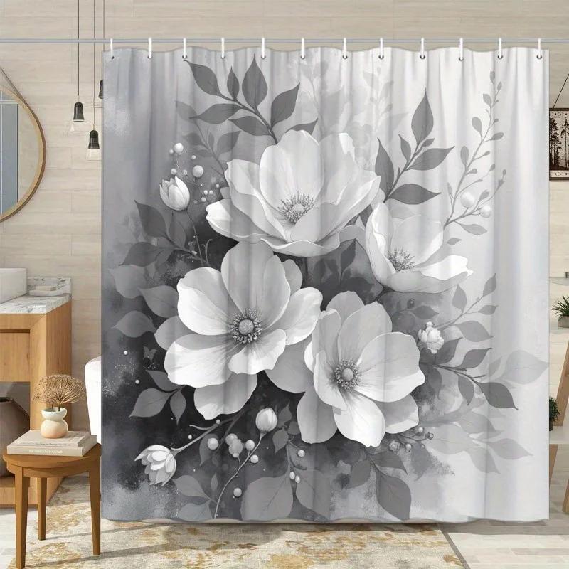 1pc Elegant Floral Shower Curtain - Gray & White Swirl, Ruffled Petals, Sparkling Center, Modern & Vintage Bathroom Decor