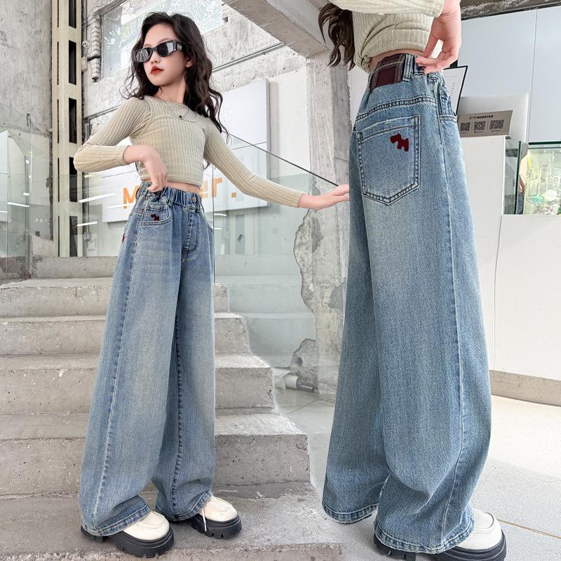 Girls' 2025 Spring Wide-Leg Jeans - Korean Style Fashionable Straight-Leg Pants for Kids
