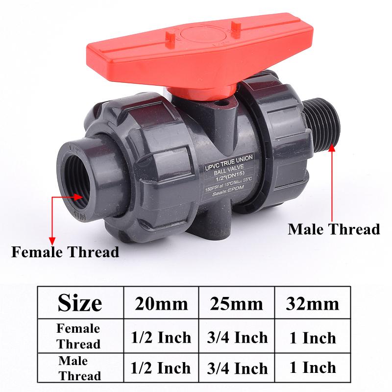 Grey 1/2 Inch~1 Inch Female Male Thread Union Ball Valve Garden Irrigation 20mm~32mm PVC Pipe Socket Water Control Valve