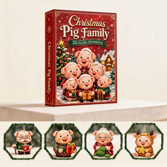 Holiday Party Supplies Piggy Family Advent Calendar, 2D Flat Acrylic 24 Days Hanging Decor Ornaments, Decorative Christmas Countdown Gift Box