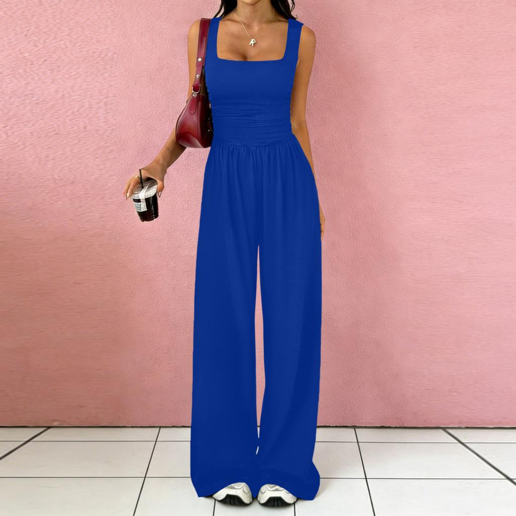 Women Sleeveless Wide Leg Jumpsuit Square Neck Ruched Bodice Casual Loose Fit Long Pants Outfit