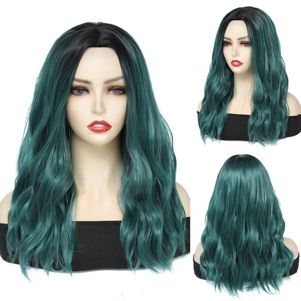 Highlight dark green High Quality Synthetic Long Curly Hair Fashion New Big Wave Mid-point Wig Women's Wig
