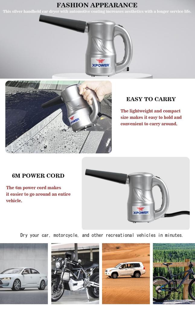 Auto Car dryer XPOWER Electric Dryer Air Duster Air Pump Air Spray Auto Car dryer Blower 6m Power Cable Silver Gray A-2C