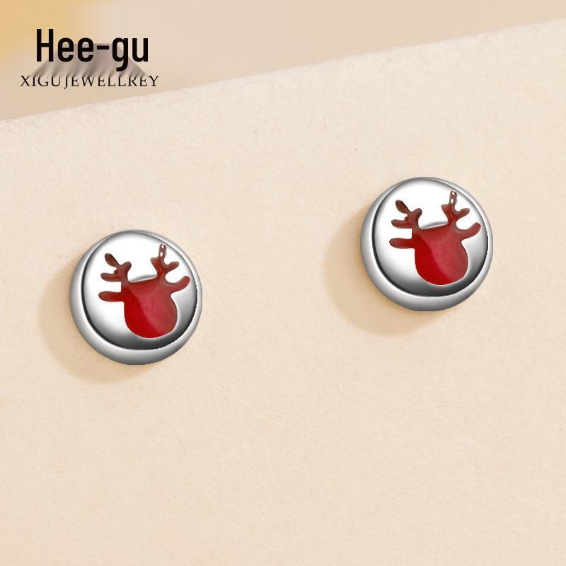 E1504 S999 Silver Elk Stud Earrings: Christmas Twist Screw Bean Design