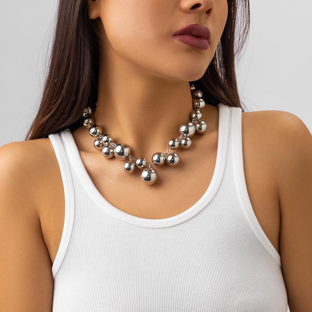 European and American jewelry, exaggerated cyberstyle multi-layer round bead stacking necklace, simple and personalized beaded necklace