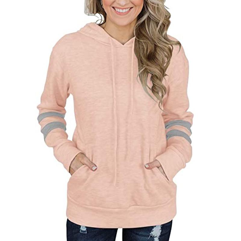 Autumn and Winter New Women's Contrast Striped Hoodie Loose Kangaroo Pocket Sweater