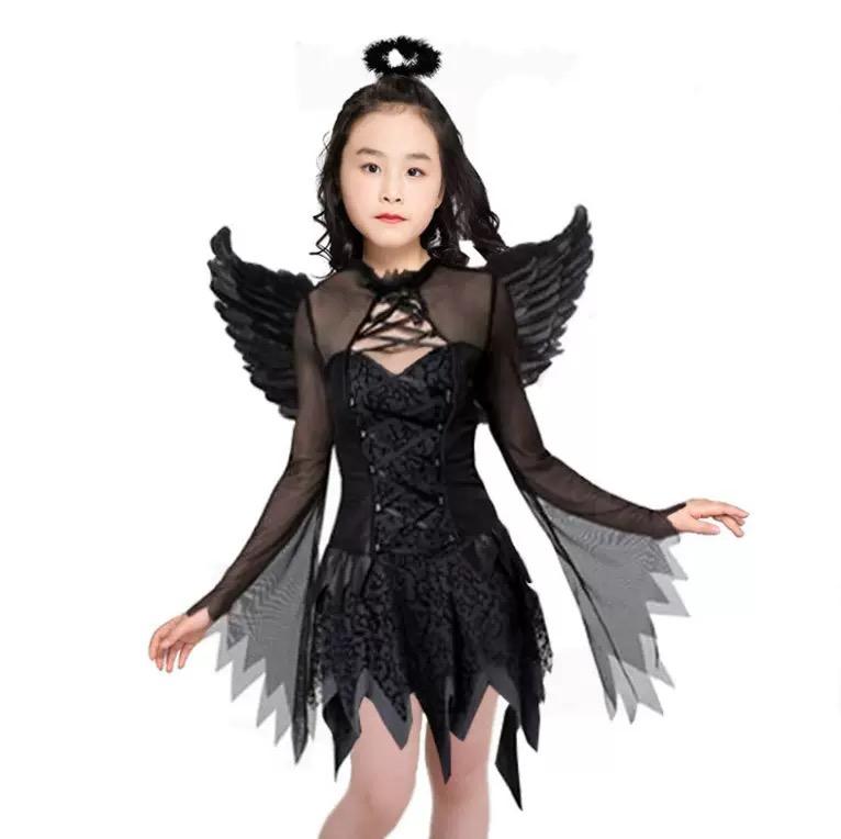 Halloween cosplay costume, demon role-playing, witch, black angel, winged goddess dress, female black dress