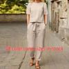 Women's Vintage Cotton & Linen Summer Set: Oversized O-neck Top with Short Sleeves and Wide-leg Pants.