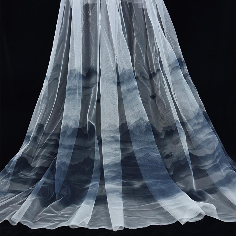 

Ink Gradient Mesh Fabric Chinese Style Landscape Ink Painting Style Tulle Fabric Decorative Curtain Partition Printed Material 100x155cm сірий колір